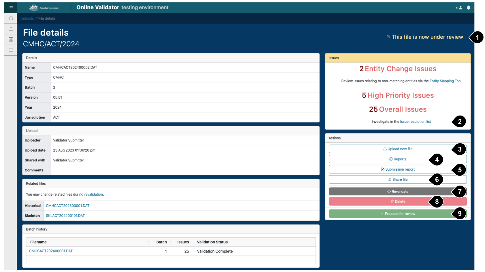Online Validator file details screen of uploaded file