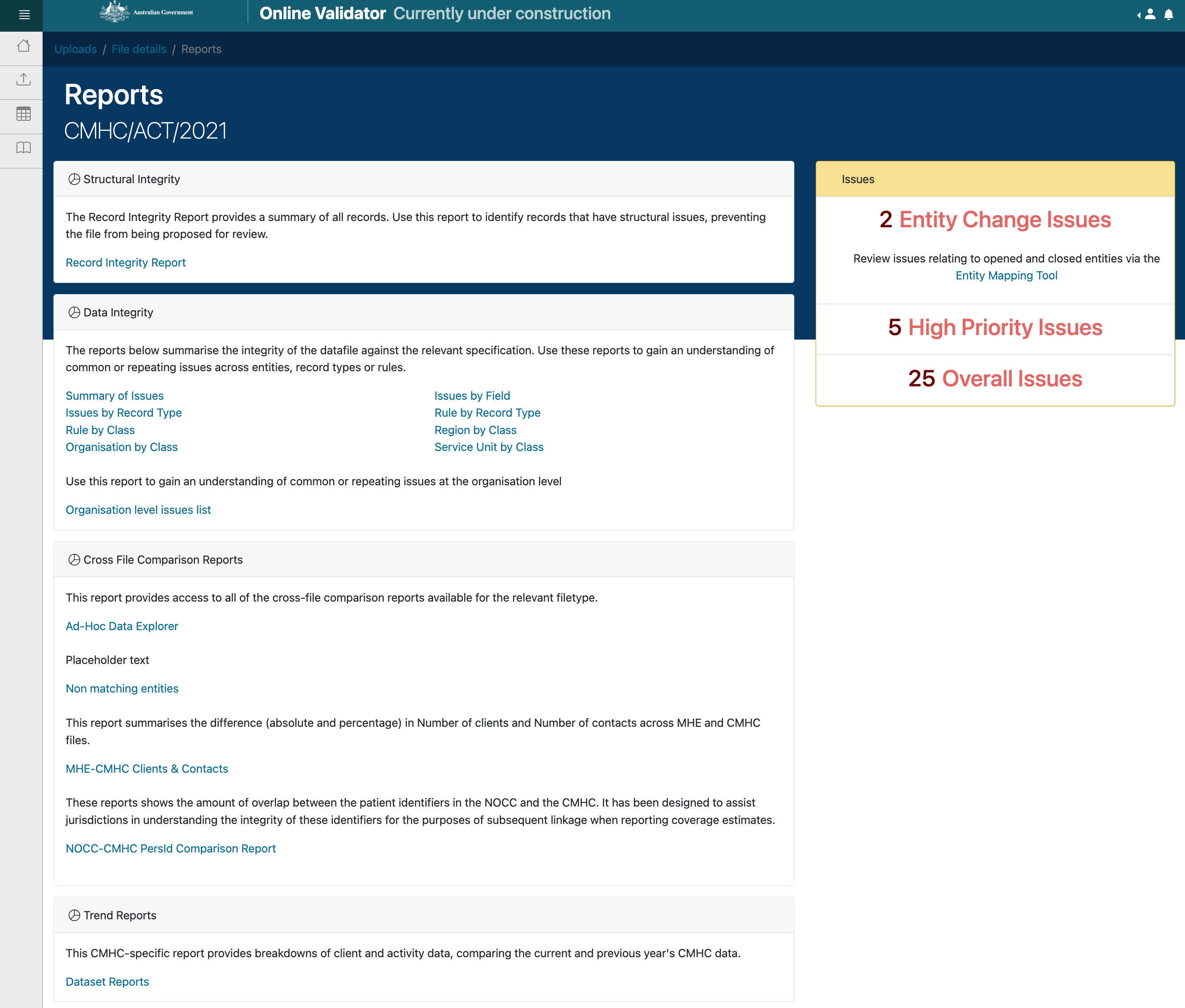 Online Validator reports home screen