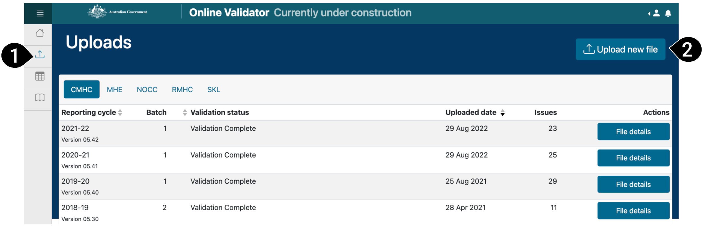 Online Validator upload home screen